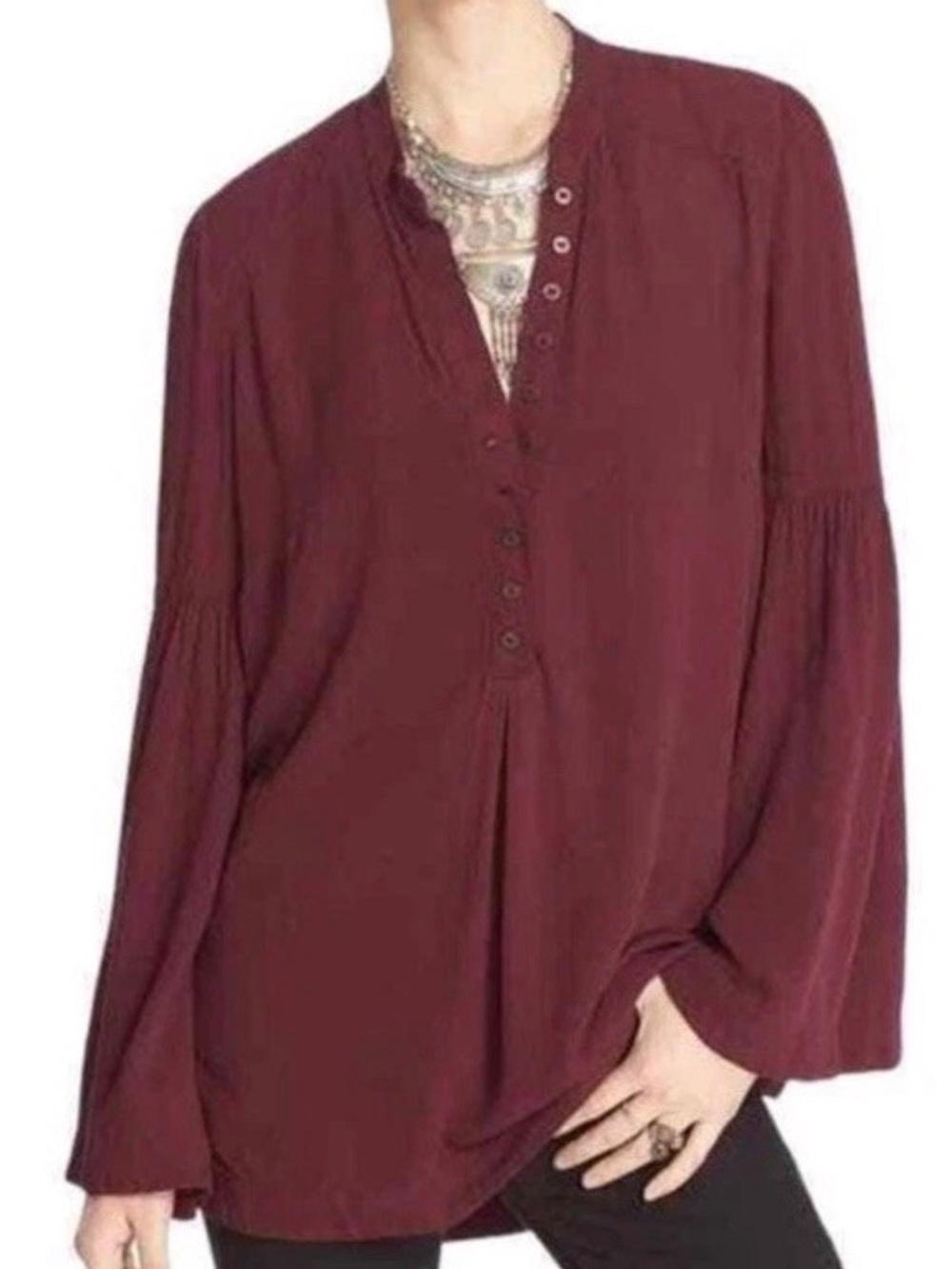 Free People “Easy Girl” Bell Sleeve Henley Boho Top, Burgandy/Wine, One Size